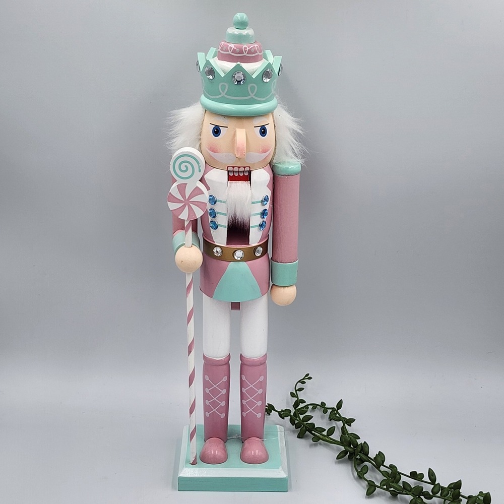 Pink Mint Green Pastel King Wood Nutcracker Candy Cane Lollipop Christmas 15"
